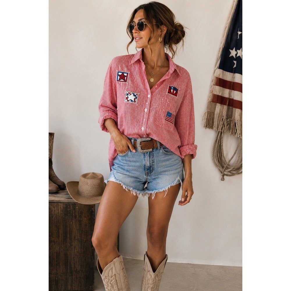 Mili Designs Patriotic Gingham Shirt S Americana Flag  Rhinestone Western Y2K